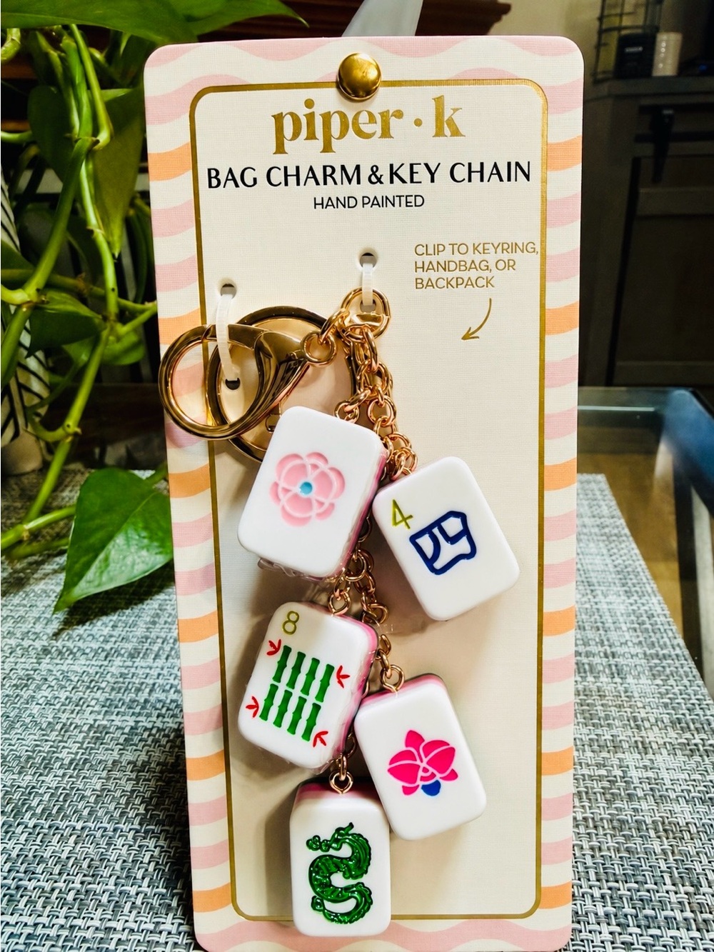 Piper K 🀄️Mahjong 🌺Tile Bag Charm White,Pink, Green, Blue and Gold